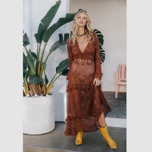 Chasing Unicorns Wish You Were Here Crochet Maxi Dress S Cacao Orange Cotton NWT